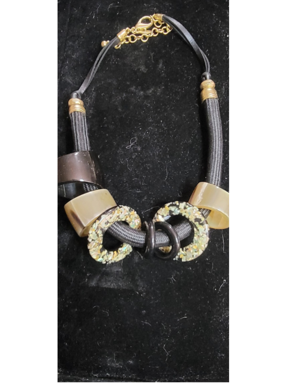 Chico’s Chunky Resin Statement Necklace Black Gold Confetti Lucite Modernist